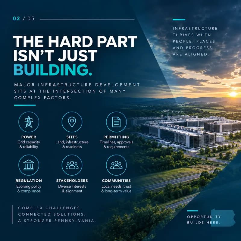 The hard part isn't just building. Major infrastructure development sits at the intersection of power, sites, permitting, regulation, stakeholders and communities.