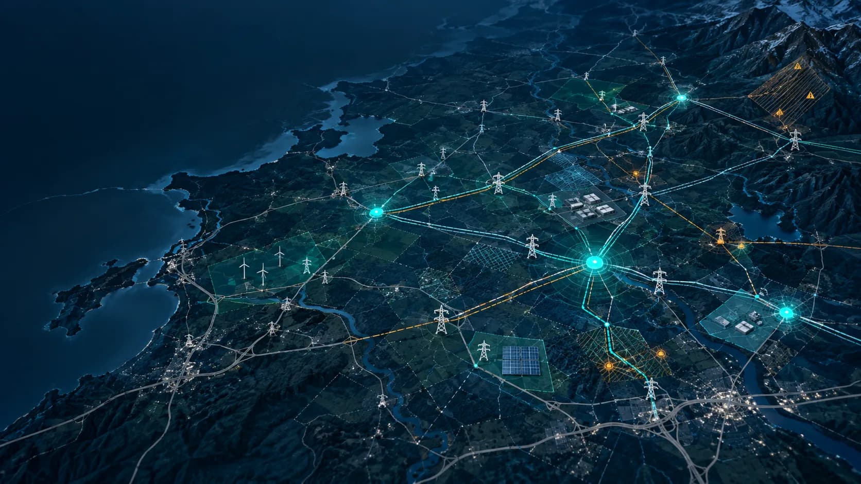 Map showing grid, permitting, stakeholder, and risk conditions layered across a candidate infrastructure site