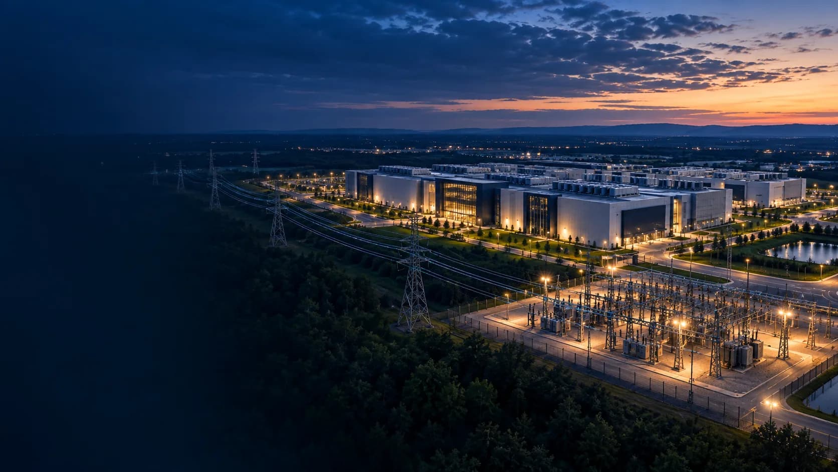 Aerial view of a data center campus at dusk